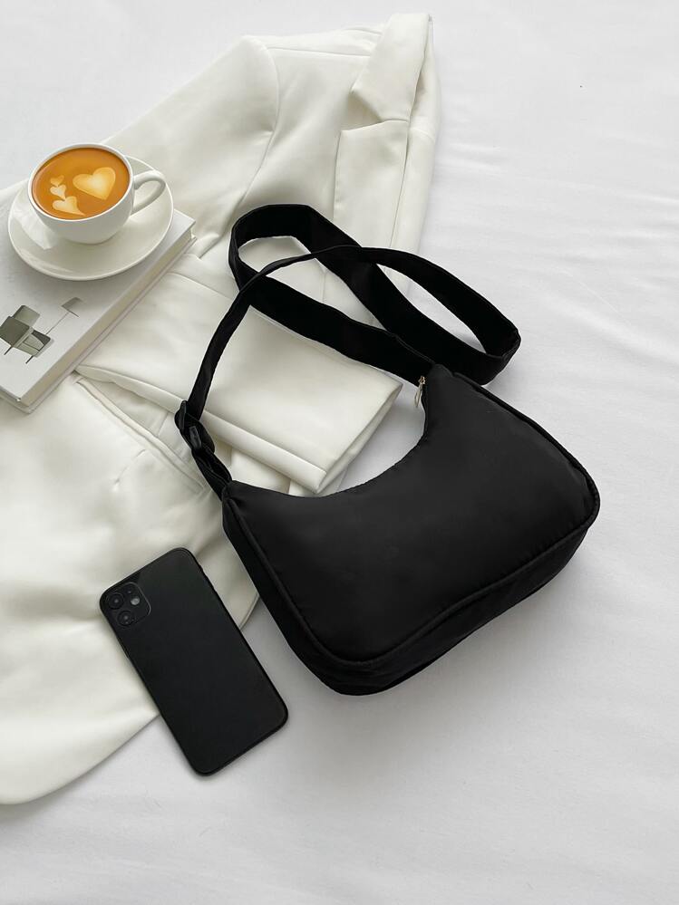 Nylon Solid Color Minimalist Diagonal Shoulder Bag With Colorful Shoulder Strap & Pu Bucket Bag - Black - View 6