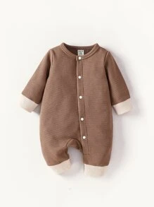 Newborn Baby Boy Contrast Trim Button Front Jumpsuit - Coffee Brown - View 1