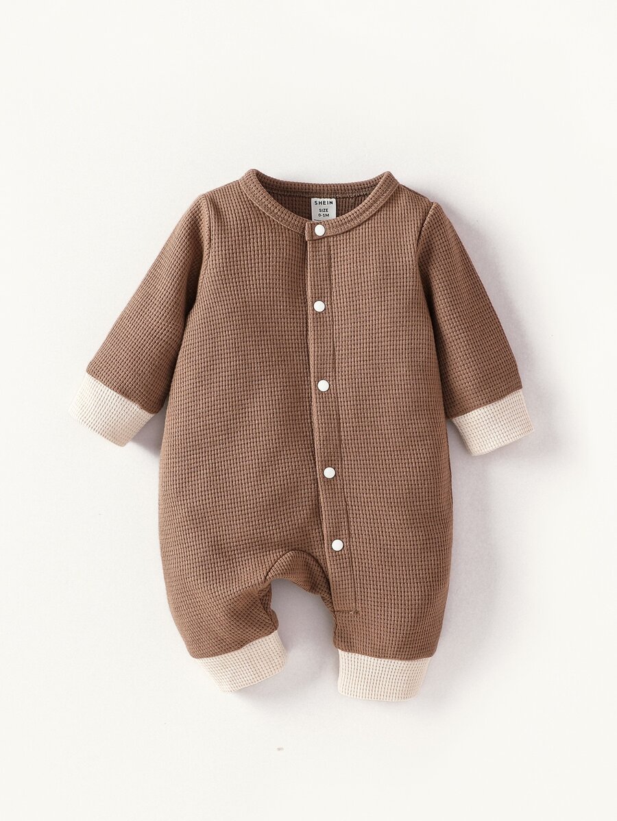 Newborn Baby Boy Contrast Trim Button Front Jumpsuit - Coffee Brown - View 1