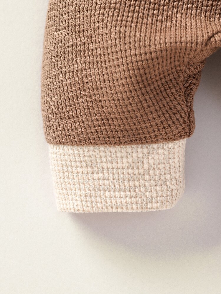 男婴童拼接邊前紐扣連身褲 - 咖啡棕 - 查看 4