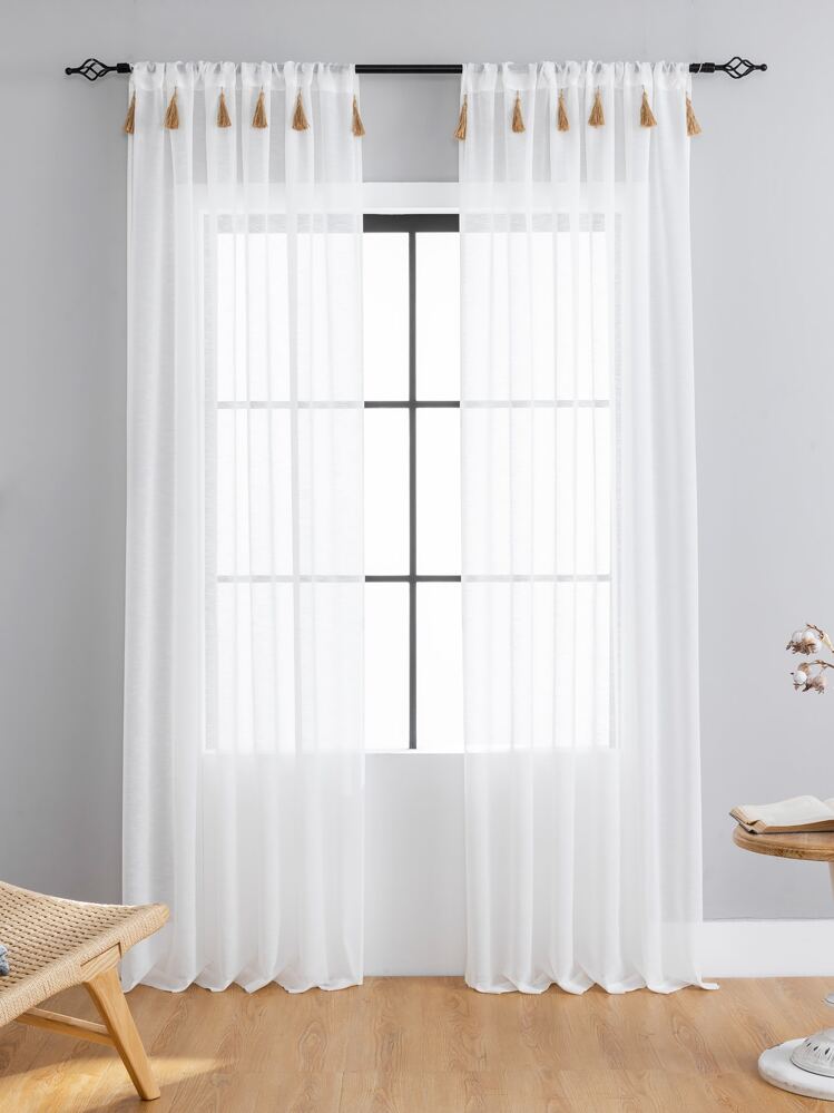 1pc White Sheer Panel Curtain, Fabric Light Filtering Privacy Sheer Curtain For Home - White - View 1