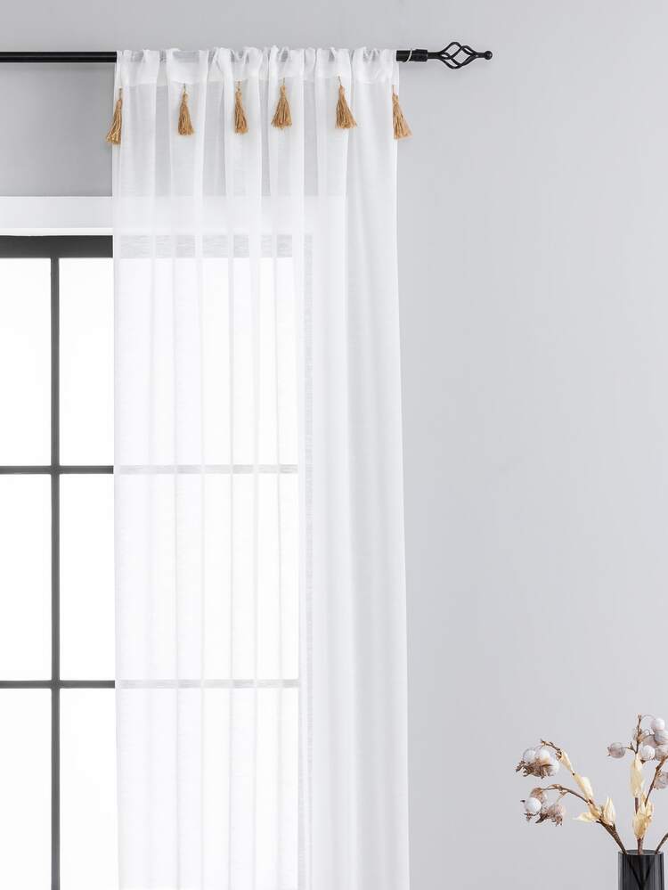 1pc White Sheer Panel Curtain, Fabric Light Filtering Privacy Sheer Curtain For Home - White - View 4