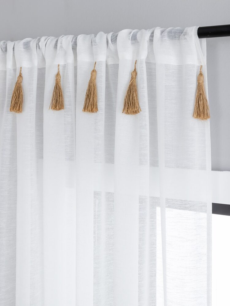 1pc White Sheer Panel Curtain, Fabric Light Filtering Privacy Sheer Curtain For Home - White - View 2