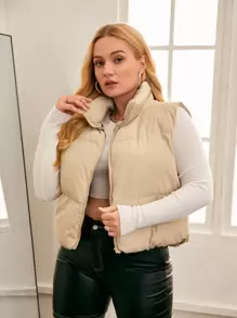 SHEIN EZwear Plus Zip Up Puffer Vest Coat - Beige - View 1