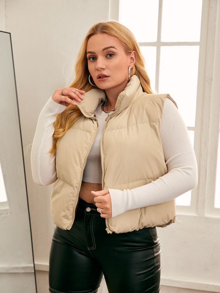 SHEIN EZwear Abrigo chaleco acolchado con cremallera - Beis - Añade 1
