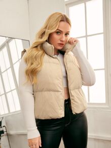 SHEIN EZwear Plus Zip Up Puffer Vest Coat - Beige - View 6