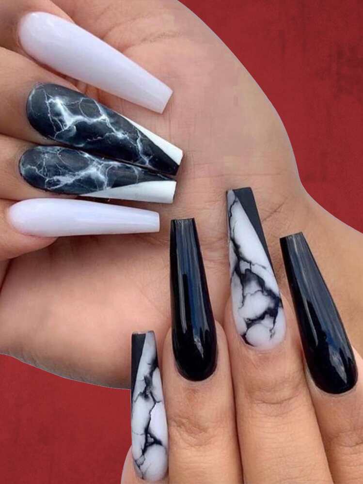 ROMWE Grunge Punk 24pcs Marble Pattern Fake Nail & 1sheet Tape - Black and White - View 1