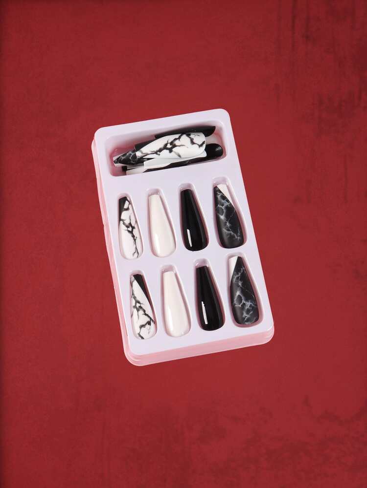 ROMWE Grunge Punk 24pcs Marble Pattern Fake Nail & 1sheet Tape - Black and White - View 4