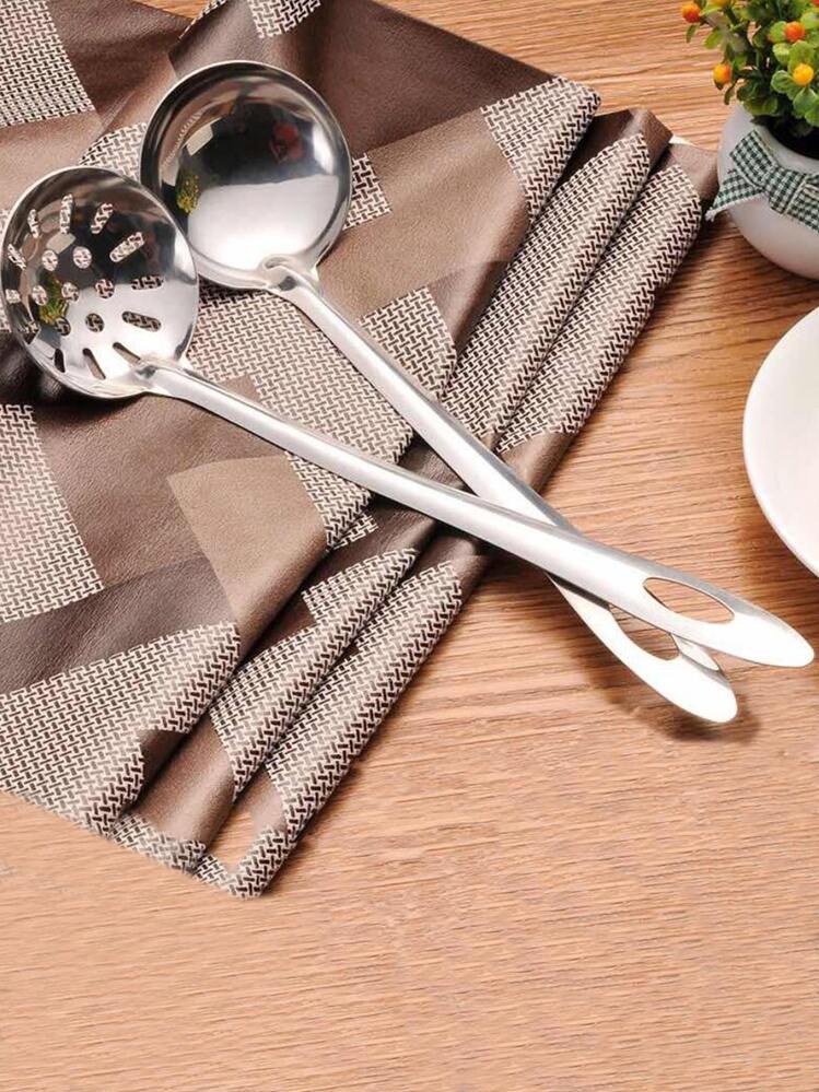 2pcs Stainless Steel Kitchen Cooking Dipping Spoon, Slotted Spoon - Silver - View 1