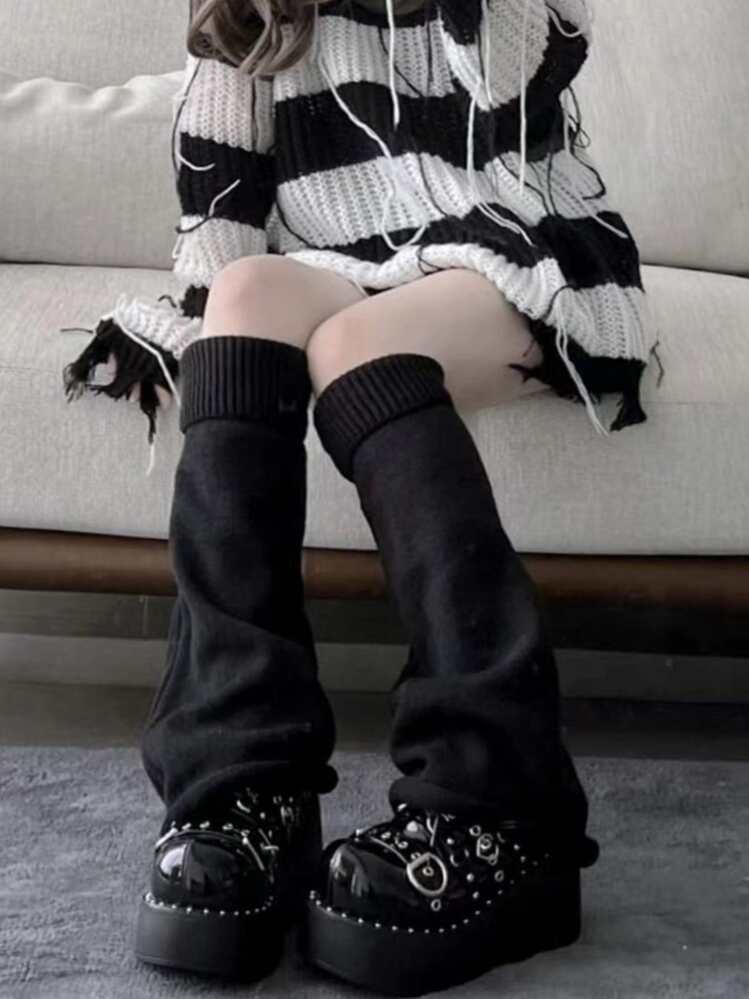 1/2 par de calentadores de pierna de unicolor Y2K, adecuados para combinar con faldas - Negro - Añade 5