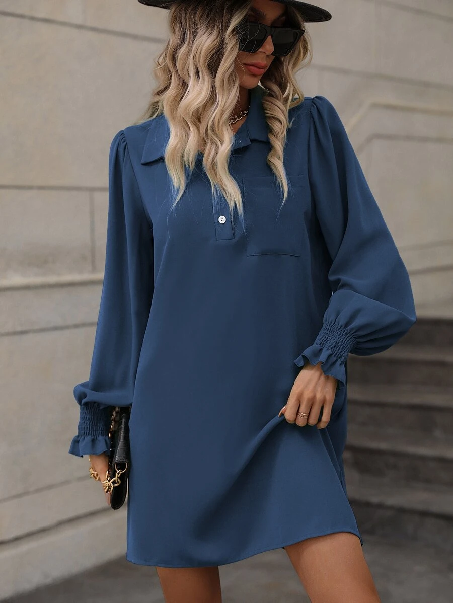 SHEIN LUNE Button Front Shirred Flounce Sleeve Dress - Dusty Blue - View 1