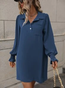 SHEIN LUNE Button Front Shirred Flounce Sleeve Dress - Dusty Blue - View 3