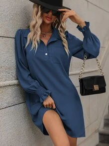 SHEIN LUNE Button Front Shirred Flounce Sleeve Dress - Dusty Blue - View 6