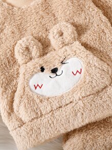 Baby Cartoon Embroidery 3D Ears Design Flannel Top & Pants - Khaki - View 7