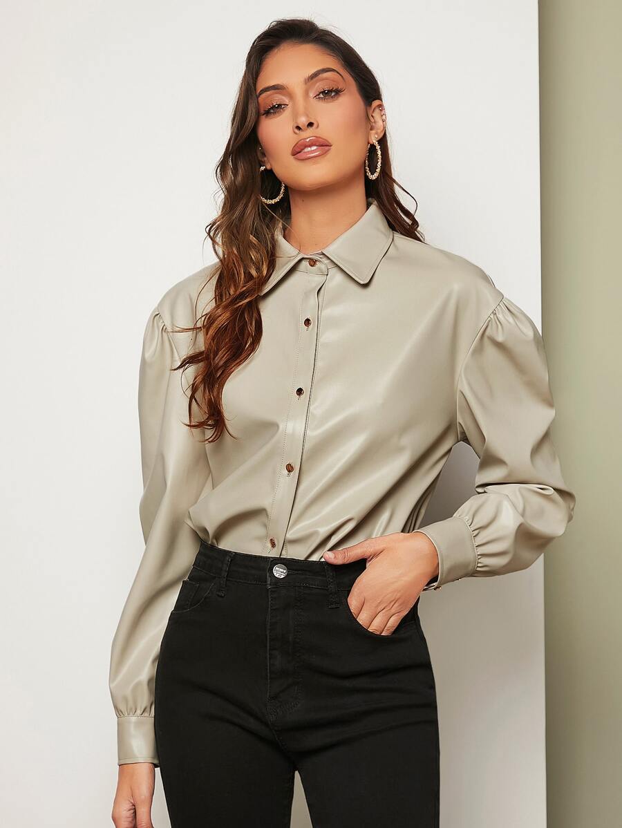 BizChic Puff Sleeve PU Leather Shirt - Khaki - View 1