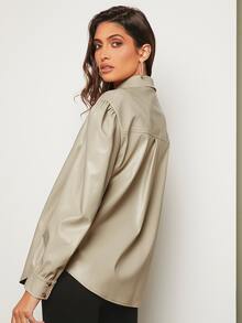 BizChic Puff Sleeve PU Leather Shirt - Khaki - View 6