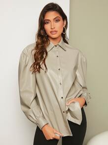 BizChic Puff Sleeve PU Leather Shirt - Khaki - View 2