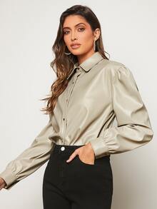 BizChic Puff Sleeve PU Leather Shirt - Khaki - View 4