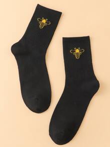 Mid-Calf Casual Socks With Bee Patterns - Black - View 2