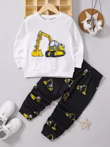 SHEIN Toddler Boys Excavator Print Pullover & Joggers - Black and White - View 1