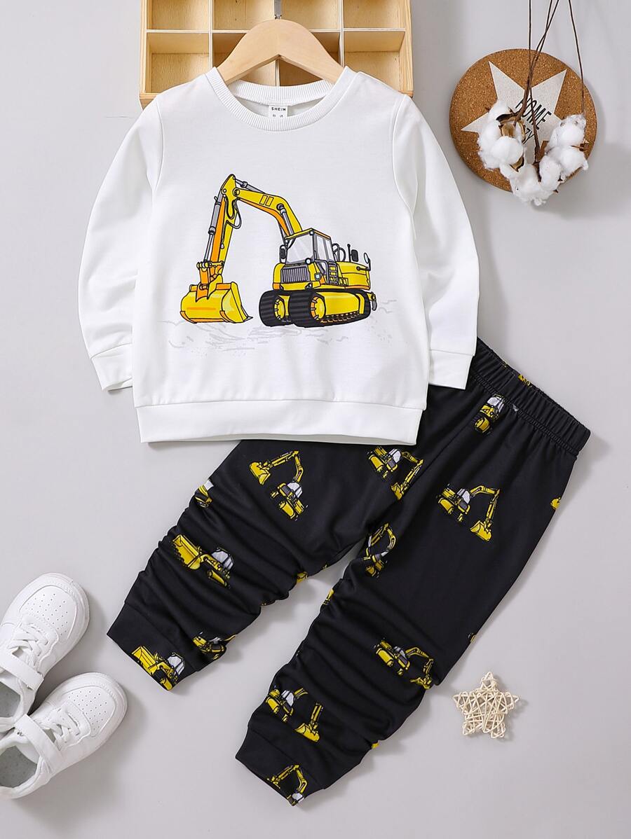 SHEIN Toddler Boys Excavator Print Pullover & Joggers - Black and White - View 1