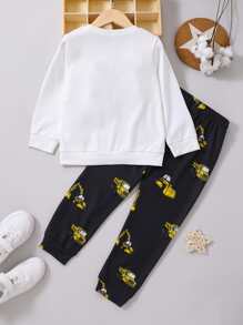 SHEIN Toddler Boys Excavator Print Pullover & Joggers - Black and White - View 2