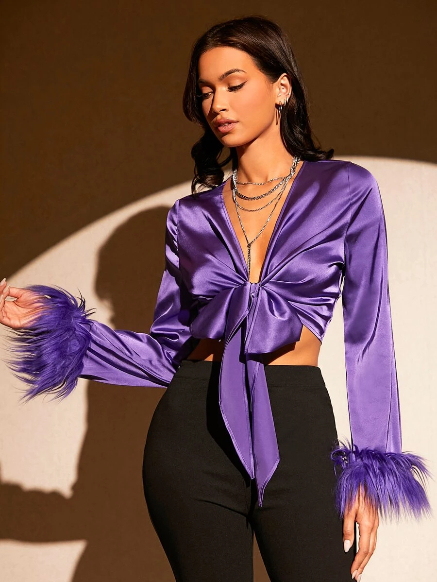 SHEIN BAE 毛茸茸袖口前打結短款緞面上衣 - 紫羅蘭色 - 查看 1