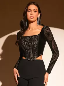 SHEIN BAE Floral Print Square Neck Asymmetrical Hem Crop Top - Black - View 1