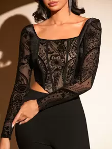 SHEIN BAE Floral Print Square Neck Asymmetrical Hem Crop Top - Black - View 6