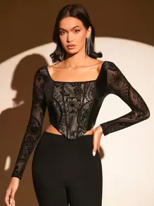 SHEIN BAE Floral Print Square Neck Asymmetrical Hem Crop Top - Black - View 2