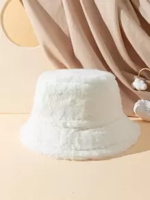 Solid Fuzzy Bucket Hat Casual - White - View 1