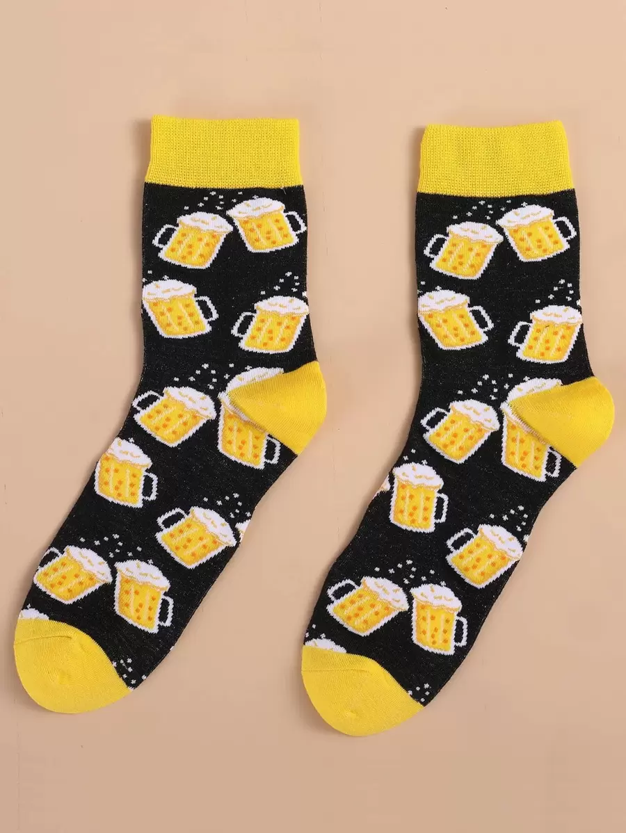 Men Beer Pattern Crew Socks - Multicolor - View 1