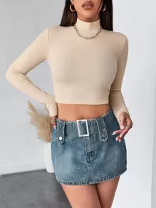 SHEIN Essnce Mock Neck Rib-knit Crop Tee - Khaki - View 1