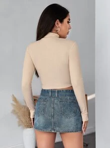 SHEIN Essnce Mock Neck Rib-knit Crop Tee - Khaki - View 2