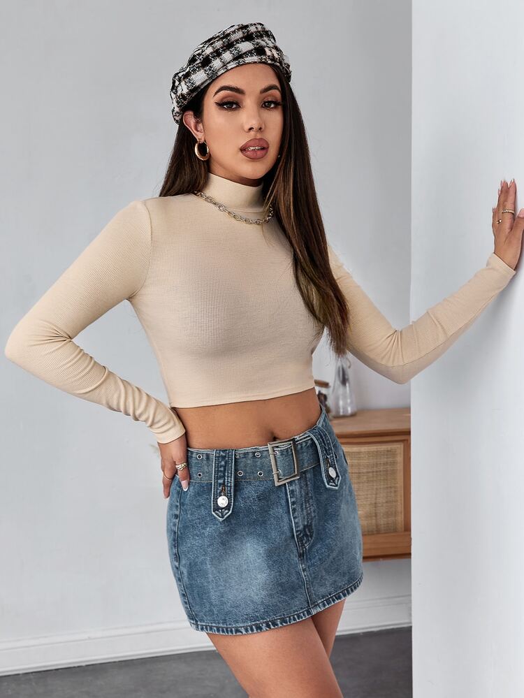 SHEIN Essnce Mock Neck Rib-knit Crop Tee - Khaki - View 3