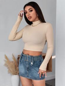 SHEIN Essnce Mock Neck Rib-knit Crop Tee - Khaki - View 5