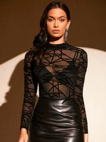 Silquee Mock Neck Geo Mesh Top Without Bra - Black - View 5