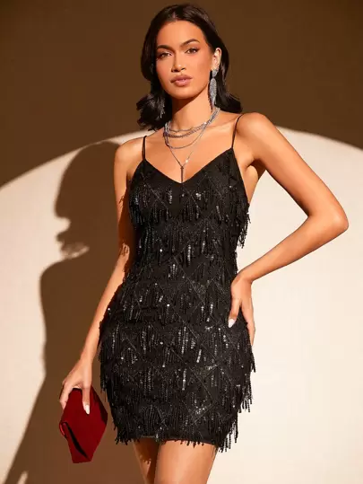 SHEIN Belle Fringe Trim Contrast Sequin Cami Dress Night Out Party Dresses