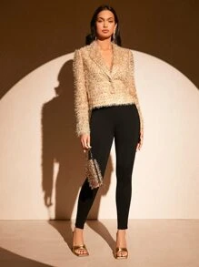 SHEIN BAE 高腰亮片拼接緊身打底褲 - 黑色 - 查看 3