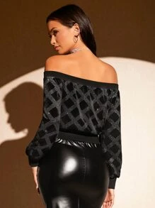 SHEIN BAE Off Shoulder Plaid Sweatshirt - Black - View 2