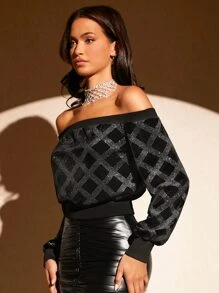 SHEIN BAE Off Shoulder Plaid Sweatshirt - Black - View 4