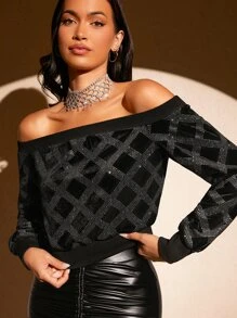 SHEIN BAE Off Shoulder Plaid Sweatshirt - Black - View 5