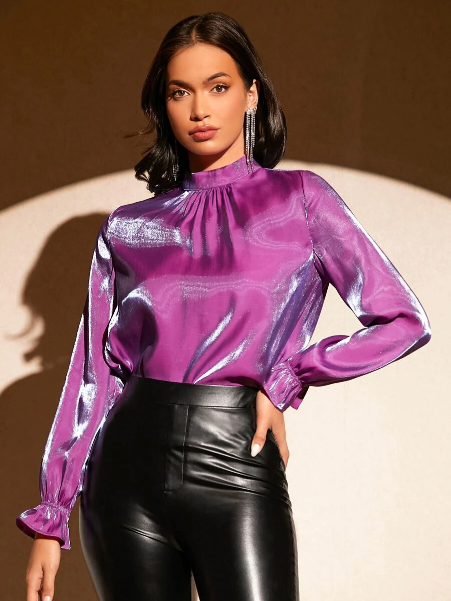 SHEIN BAE Mock Neck Flounce Sleeve Top - Purple - View 1
