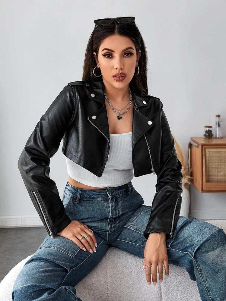 SHEIN X Made in America Zip Detail Crop PU Moto Jacket | SHEIN USA