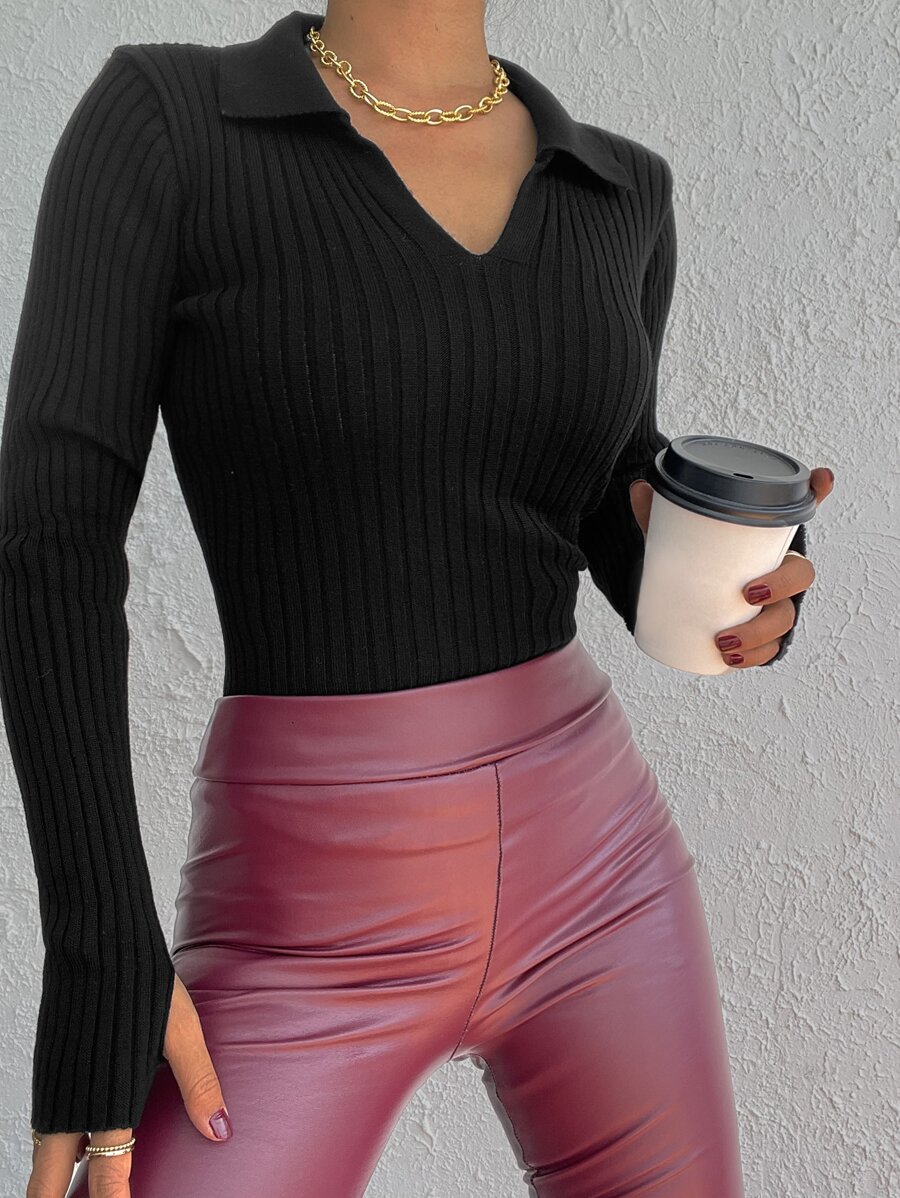 EURMUSE Solid Ribbed Knit Sweater - Black - View 1