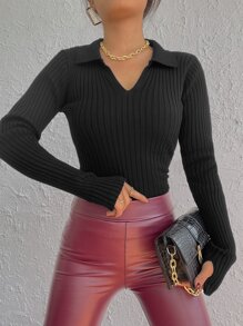 EURMUSE Solid Ribbed Knit Sweater - Black - View 3