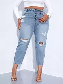 SHEIN SXY Hơn Quần jean rách phù hợp với mẹ - Rửa nhẹ - Xem 1