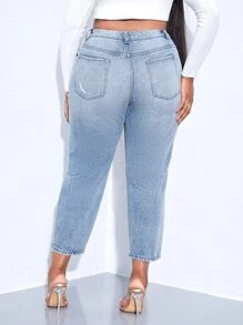 SHEIN SXY Hơn Quần jean rách phù hợp với mẹ - Rửa nhẹ - Xem 2