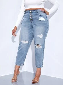 SHEIN SXY Hơn Quần jean rách phù hợp với mẹ - Rửa nhẹ - Xem 3