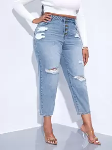 SHEIN SXY Hơn Quần jean rách phù hợp với mẹ - Rửa nhẹ - Xem 4